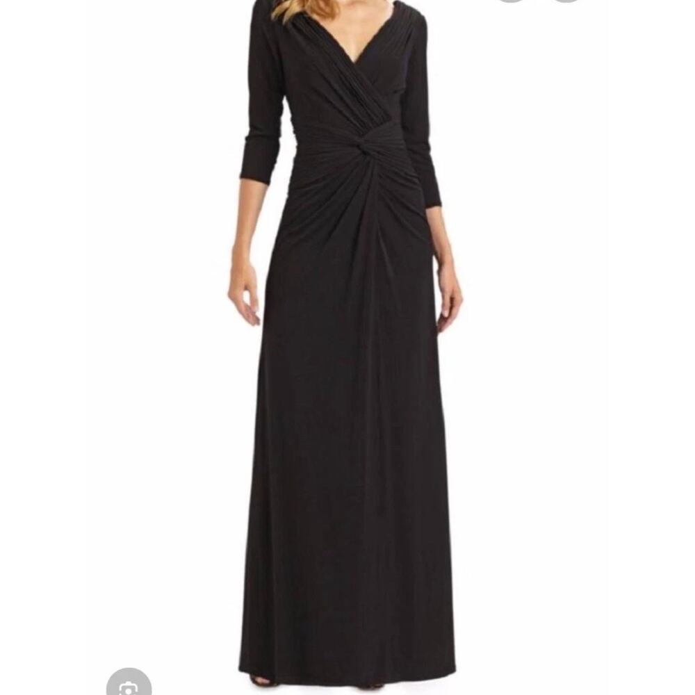 Vtg Tadashi Collection Ruched Maxi Gown Dress Women’s 1X Black Slimming 3/4 Slv